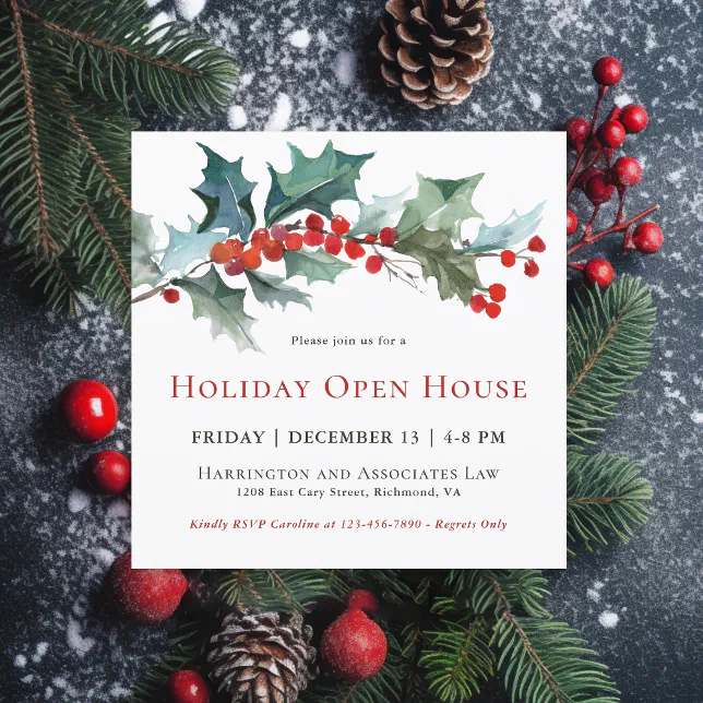 Festive Holly and Berries Holiday Open House Invitation | Zazzle