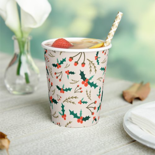 Festive Holly and Berries Holiday Paper Cups