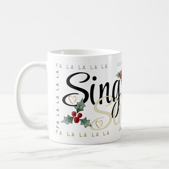 Festive Holly and Hearts FA LA LA Christmas Mug (Left)