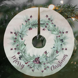 Festive Holly and Ivy Wreath Plum Brushed Polyester Tree Skirt