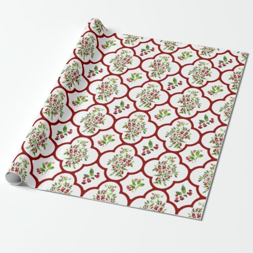 Festive Holly and Red Quatrefoil Pattern Wrapping Paper