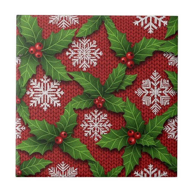 Festive Holly and Snowflake Knit Pattern – Red Ceramic Tile (Front)
