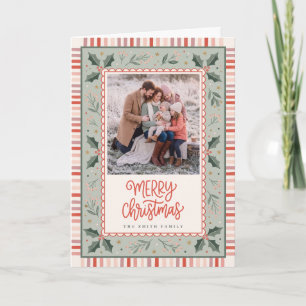 Festive Holly and Stripes Family Christmas Holiday Card