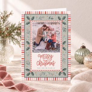 Festive Holly and Stripes Family Christmas Holiday Card