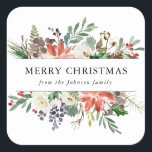 Festive Holly Berries & Floral Merry Christmas Square Sticker<br><div class="desc">This christmas Festive Holly Berries & Floral Merry Christmas Square Sticker Tag is perfect for those looking to match their christmas holiday theme. Personalize it with your family name, your christmas date, and be sure to include a special message! Please click the "Customize it" button and use our design tool...</div>