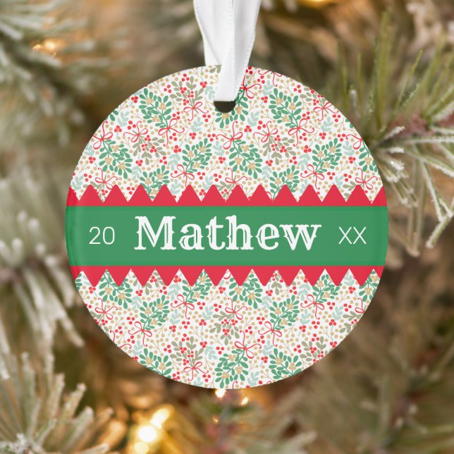 Festive Holly Berries & Greenery Personalized Ornament (Tree)