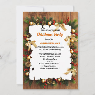 Festive Holly Berries Pine Cone Christmas party Invitation