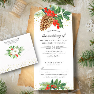Festive Holly Berries Pine Cone Christmas Wedding All In One Invitation