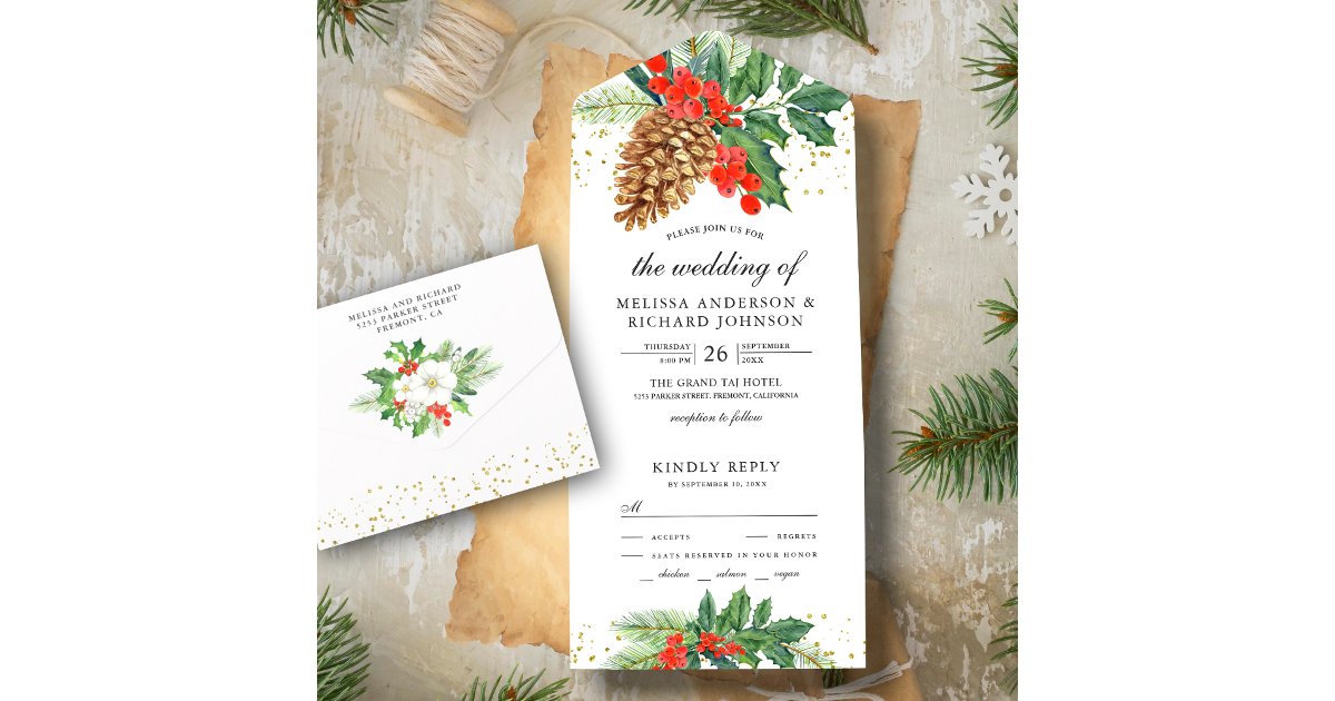 Festive Holly Berries Pine Cone Christmas Wedding All In One Invitation ...