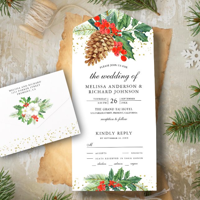 Festive Holly Berries Pine Cone Christmas Wedding All In One Invitation (Creator Uploaded)