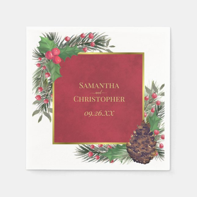 Festive Holly Berries & Pine Holiday Wedding Napkins (Front)