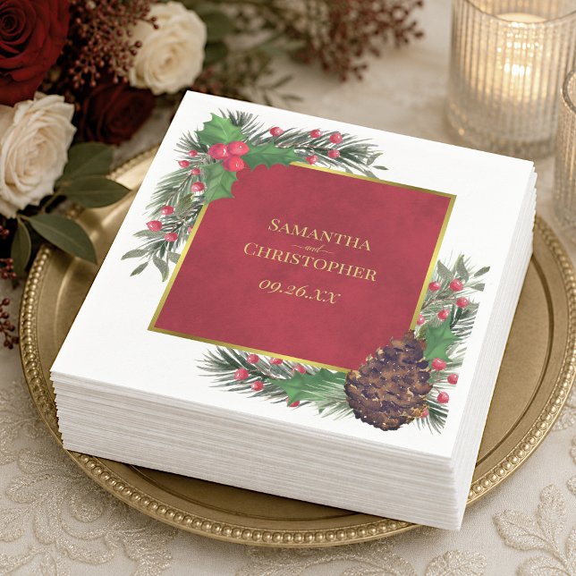Festive Holly Berries & Pine Holiday Wedding Napkins (Creator Uploaded)