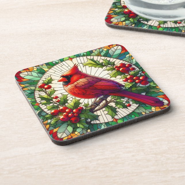 Festive Holly & Berries Stained Glass Cardinal  Beverage Coaster (Left Side)