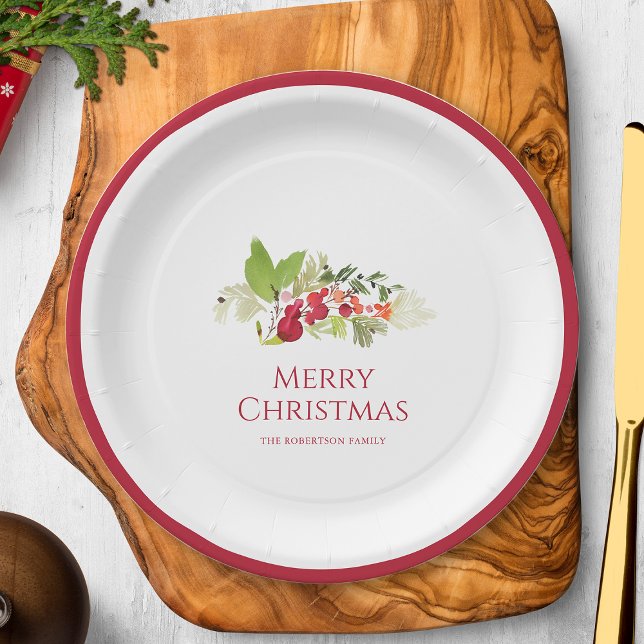 Festive Holly Berry and Evergreen Christmas Paper Plates (Creator Uploaded)