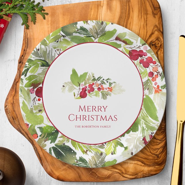 Festive Holly Berry and Evergreen Christmas Paper Plates (Creator Uploaded)