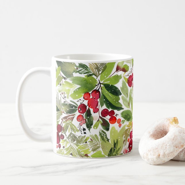 Festive Holly Berry and Evergreen Watercolor Coffee Mug (With Donut)