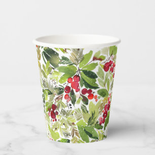 Festive Holly Berry and Evergreen Watercolor Paper Cups
