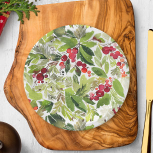 Festive Holly Berry and Evergreen Watercolor Paper Plates