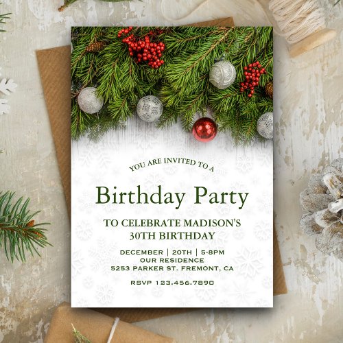 Festive Holly Berry and Pine Christmas Birthday Invitation