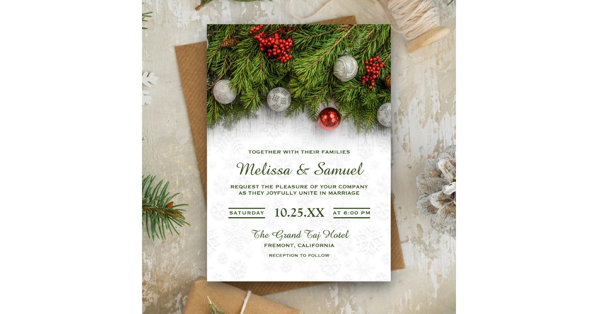 Festive Holly Berry and Pine Christmas Wedding Invitation | Zazzle