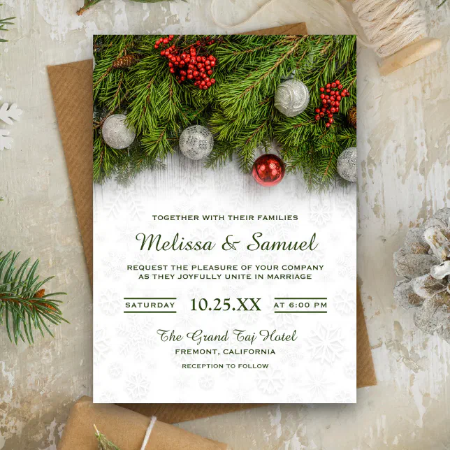 Festive Holly Berry and Pine Christmas Wedding Invitation | Zazzle