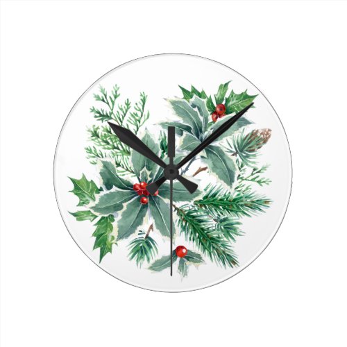 Festive Holly Berry Branch Holiday Christmas Round Clock