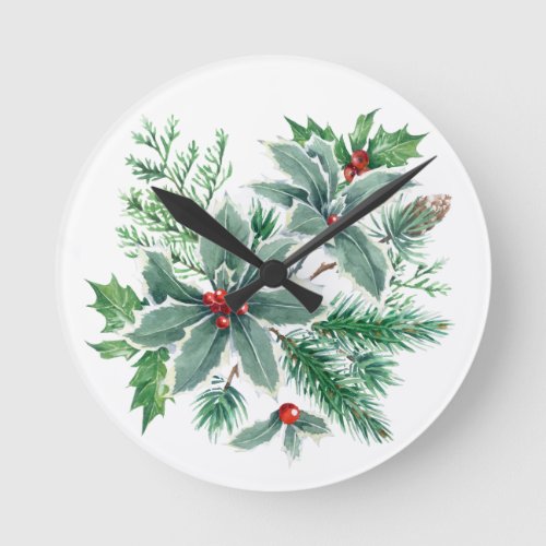 Festive Holly Berry Branch Holiday Christmas Round Clock