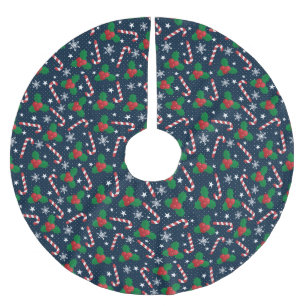 Festive Holly Berry & Candy Cane Christmas Brushed Polyester Tree Skirt