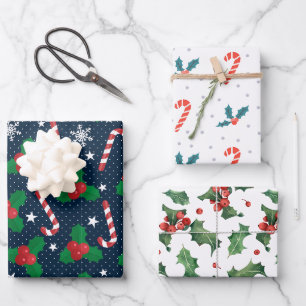 Festive Holly Berry & Candy Cane Christmas Wrapping Paper Sheets