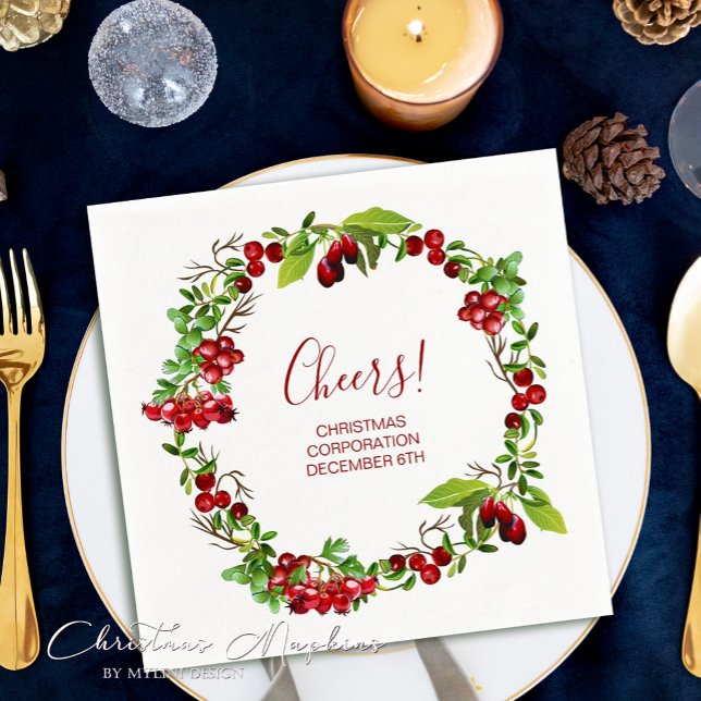 Festive Holly Berry Cheers Christmas Party Napkins (Creator Uploaded)