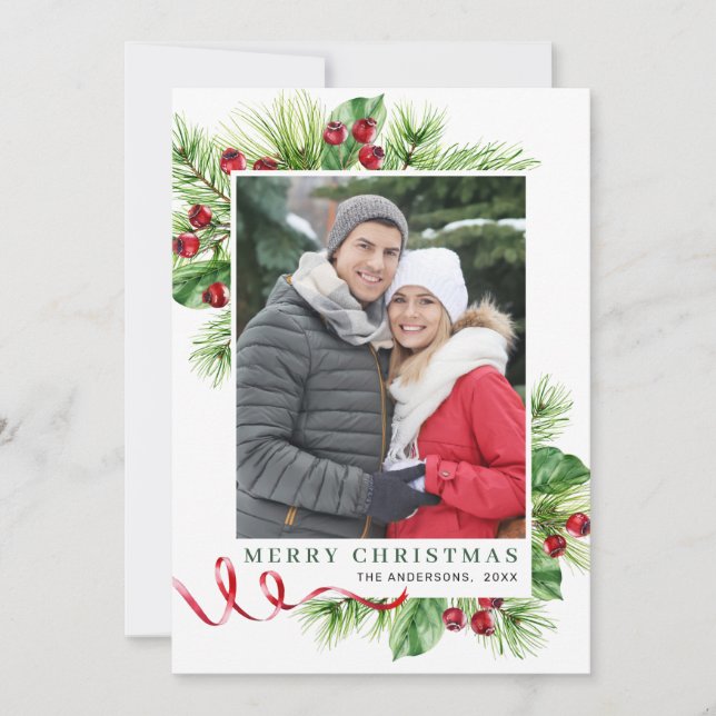 Festive Holly Berry Christmas Greeting 2 Photo Holiday Card (Front)