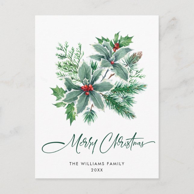 Festive Holly Berry Christmas Greeting Holiday Postcard (Front)