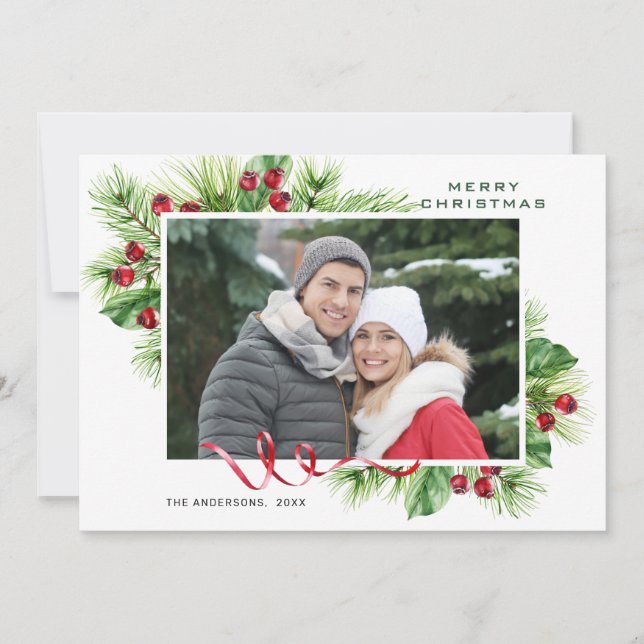 Festive Holly Berry Christmas Greeting Photo Holiday Card (Front)