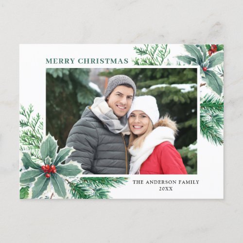 Festive Holly Berry Christmas Greeting PHOTO Holiday Postcard