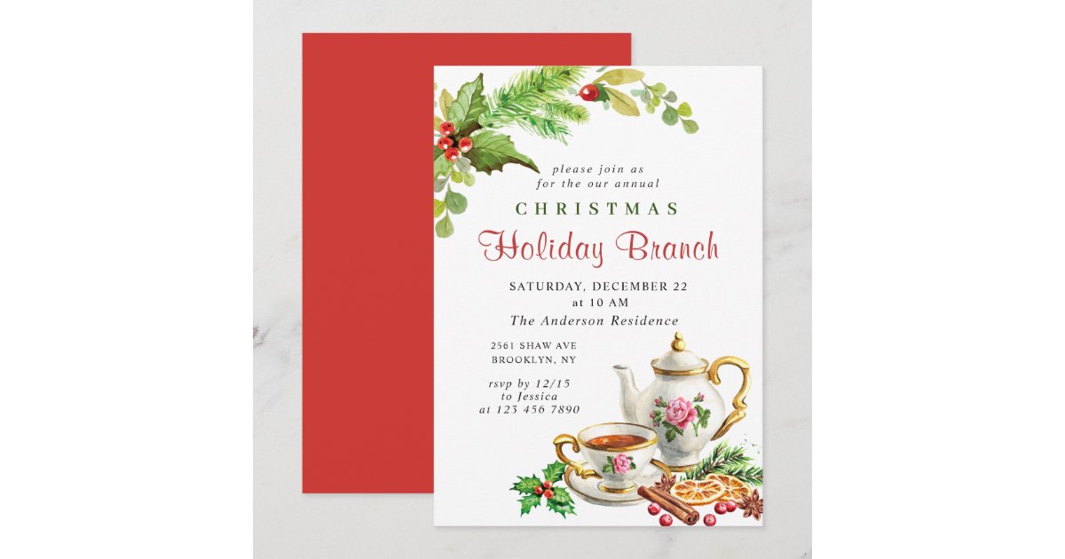 Festive Holly Berry Christmas Holiday Branch Invitation | Zazzle