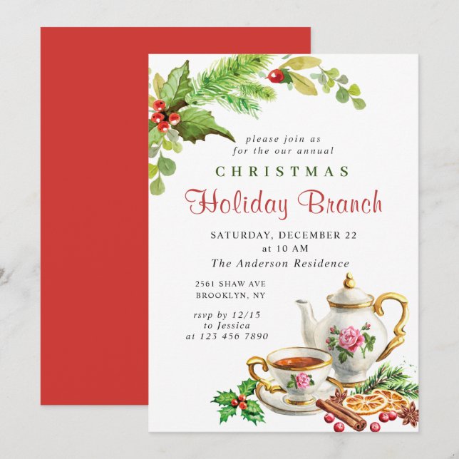 Festive Holly Berry Christmas Holiday Branch Invitation (Front/Back)