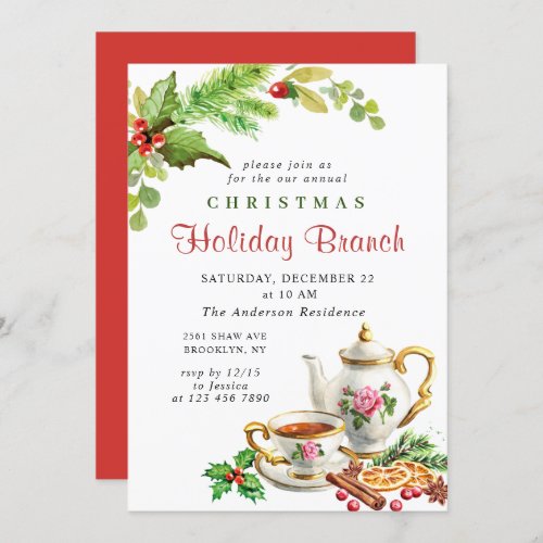 Festive Holly Berry Christmas Holiday Branch Invitation