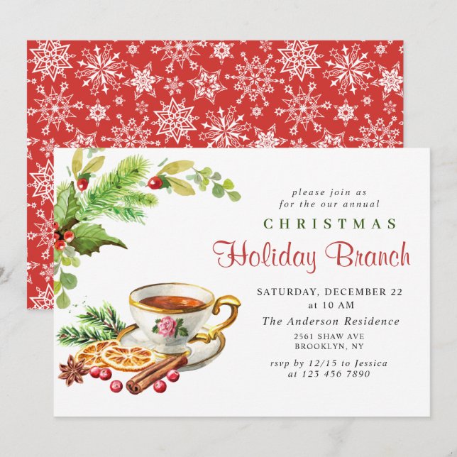 Festive Holly Berry Christmas Holiday Branch Invitation (Front/Back)