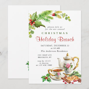Festive Holly Berry Christmas Holiday Branch Invitation