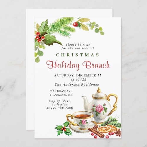 Festive Holly Berry Christmas Holiday Branch Invitation