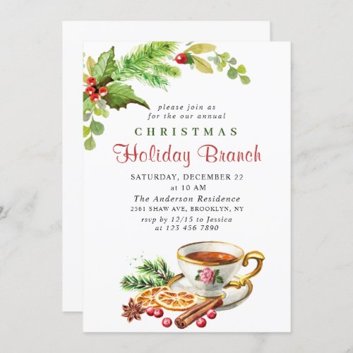 Festive Holly Berry Christmas Holiday Branch Invitation