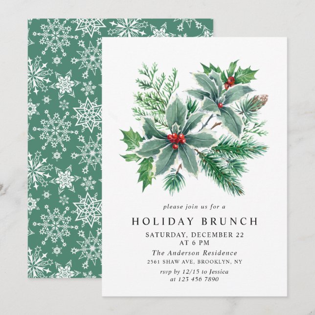 Festive Holly Berry Christmas HOLIDAY BRUNCH Invitation (Front/Back)
