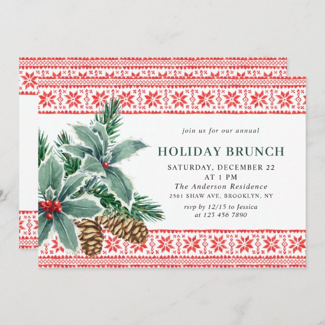 Festive Holly Berry CHRISTMAS HOLIDAY BRUNCH Invitation (Front/Back)