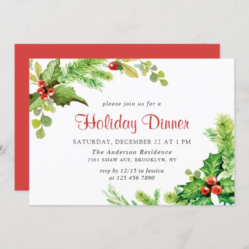 Festive Holly Berry Christmas Holiday Dinner Invitation