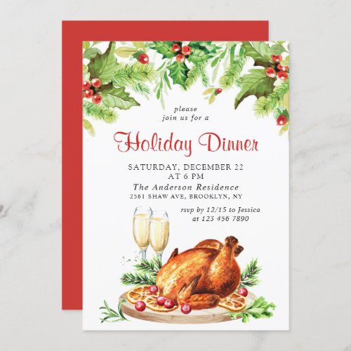 Festive Holly Berry Christmas Holiday Dinner Party Invitation