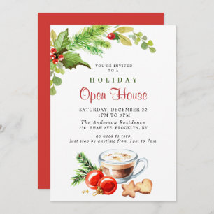 Festive Holly Berry Christmas Holiday Open House Invitation
