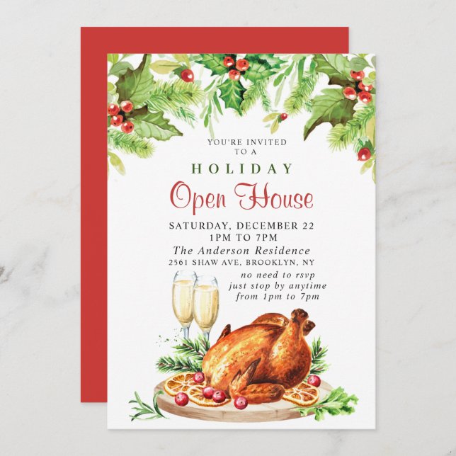 Festive Holly Berry Christmas Holiday Open House Invitation (Front/Back)