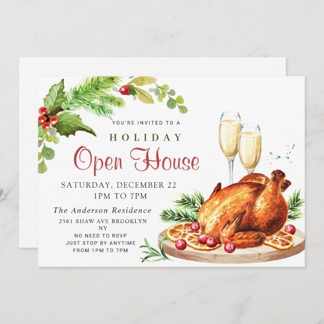 Festive Holly Berry Christmas Holiday Open House Invitation (Front/Back)