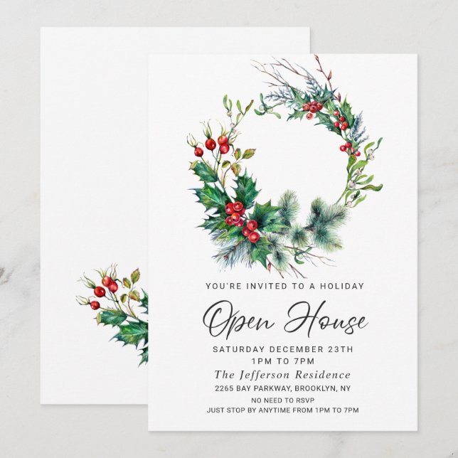 Festive Holly Berry Christmas Holiday Open House Invitation (Front/Back)
