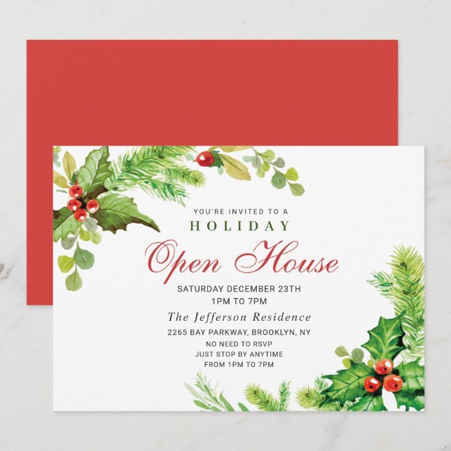 Festive Holly Berry Christmas Holiday Open House Invitation (Front/Back)